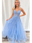 Elegant Blue Spaghetti Straps V Neck Sleeveless Lace Maxi Long Party Prom Dresses, Evening Gowns, FM287