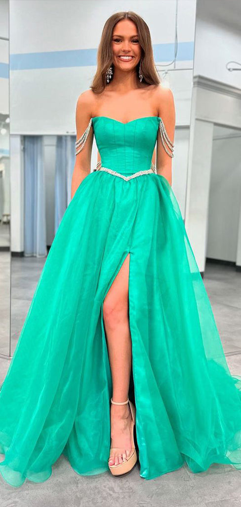 Gorgeous Off Shoulder Sweetheart Sleeveless Side Slit Rhinestone Maxi Long Party Prom Dresses, Evening Gowns, FM290