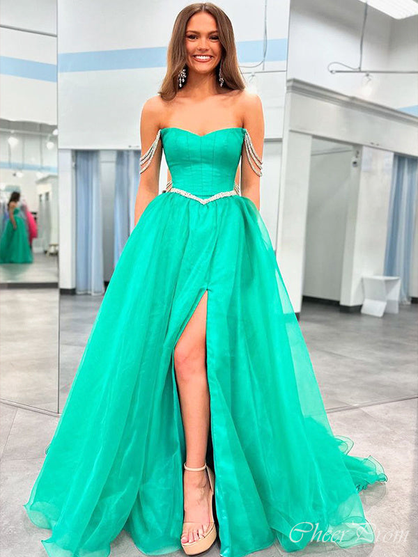 Gorgeous Off Shoulder Sweetheart Sleeveless Side Slit Rhinestone Maxi Long Party Prom Dresses, Evening Gowns, FM290