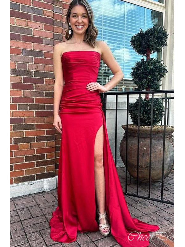 Simple Red Mermaid Strapless Sleeveless Side Slit Maxi Long Party Prom Dresses, Evening Gowns, FM291