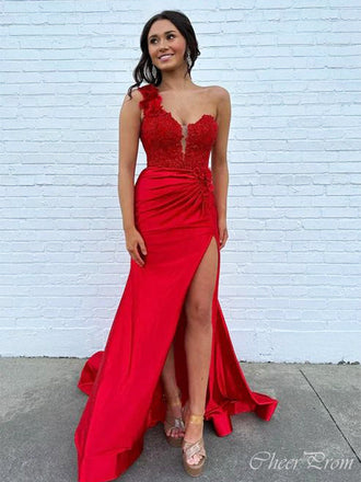 Gorgeous Red Mermaid One Shoulder Sleeveless Side Slit Applique Maxi Long Party Prom Dresses, Evening Gowns, FM292