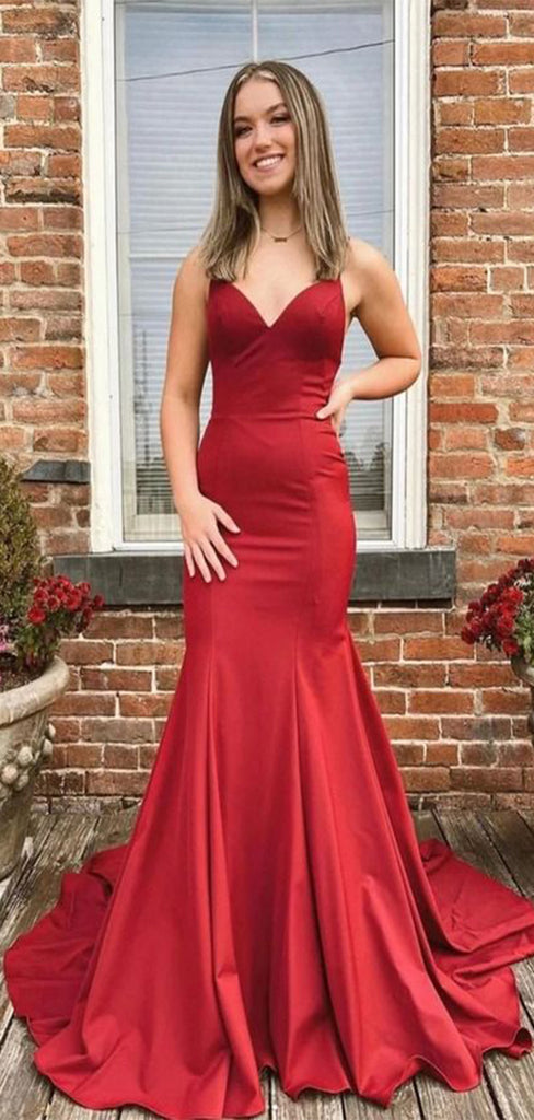 Sexy Red Mermaid Spaghetti Straps V Neck Sleeveless Maxi Long Party Prom Dresses, Evening Gowns, FM295