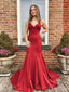 Sexy Red Mermaid Spaghetti Straps V Neck Sleeveless Maxi Long Party Prom Dresses, Evening Gowns, FM295