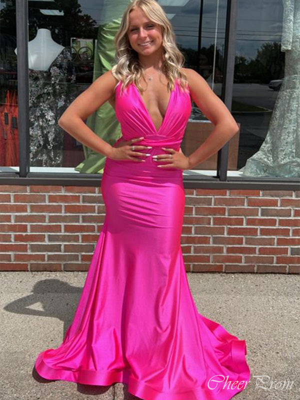 Sexy Pink Mermaid Halter V Neck Sleeveless Maxi Long Party Prom Dresses, Evening Gowns, FM297