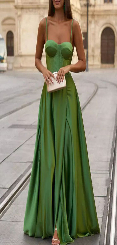 Gorgeous Green A-Line Sweetheart Spaghetti Straps Long Party Prom Gowns,Wedding Guest Dresses,FM32