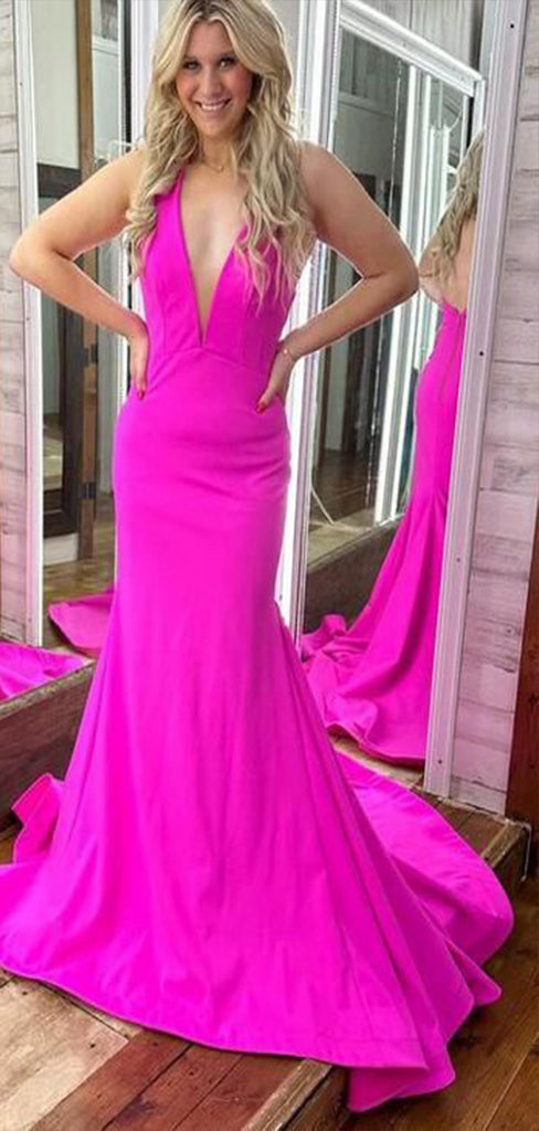 Sexy Mermaid Halter V Neck Sleeveless Maxi Long Party Prom Dresses, Evening Gowns, FM299