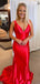 Sexy Red Mermaid Straps V Neck Sleeveless Maxi Long Party Prom Dresses, Evening Gowns, FM304