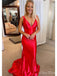 Sexy Red Mermaid Straps V Neck Sleeveless Maxi Long Party Prom Dresses, Evening Gowns, FM304