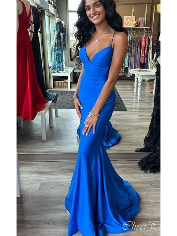 Sexy Blue Mermaid Spaghetti Straps V Neck Sleeveless Maxi Long Party Prom Dresses, Evening Gowns, FM306