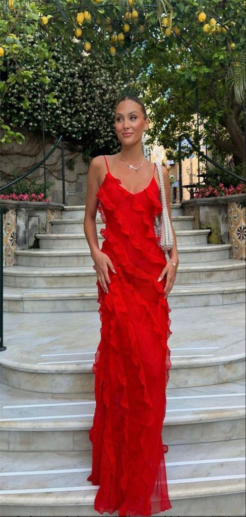 Charming Red Mermaid Spaghetti Straps Ruffle Maxi Long Party Prom Gowns,Wedding Guest Dresses,FM31