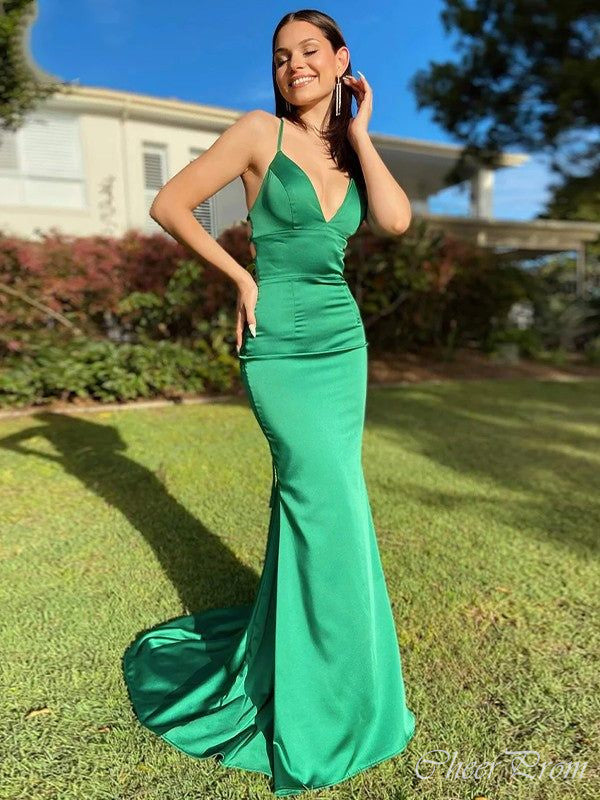 Sexy Emerald Green Mermaid V Neck Halter Lace Up Maxi Long Party Prom Gowns,Evening Dresses,FM26