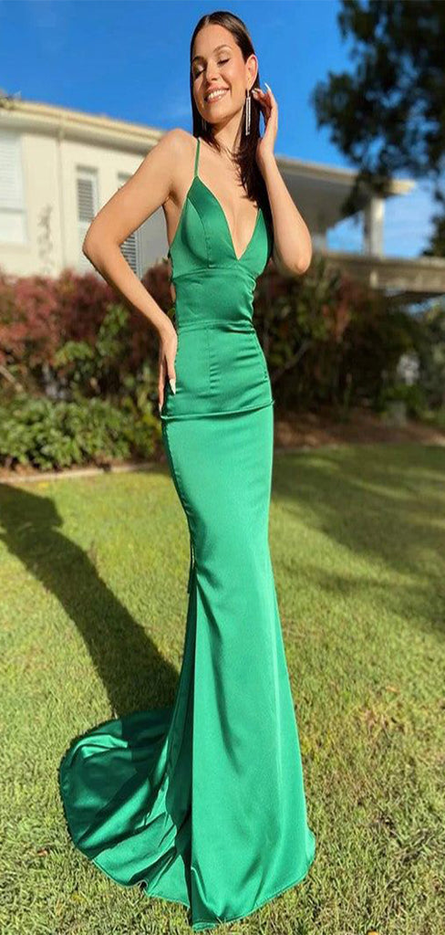 Sexy Emerald Green Mermaid V Neck Halter Lace Up Maxi Long Party Prom Gowns,Evening Dresses,FM26