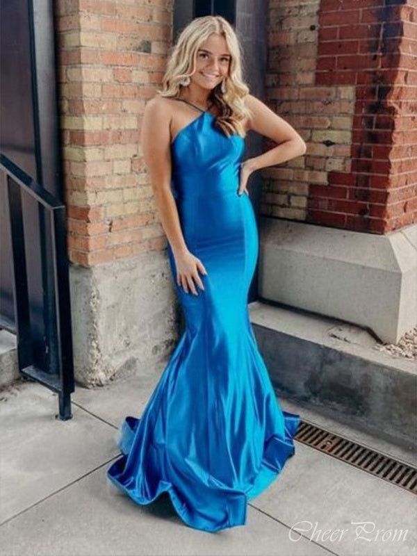 Unique Blue Mermaid Halter Sleeveless Maxi Long Party Prom Dresses, Evening Gowns, FM311