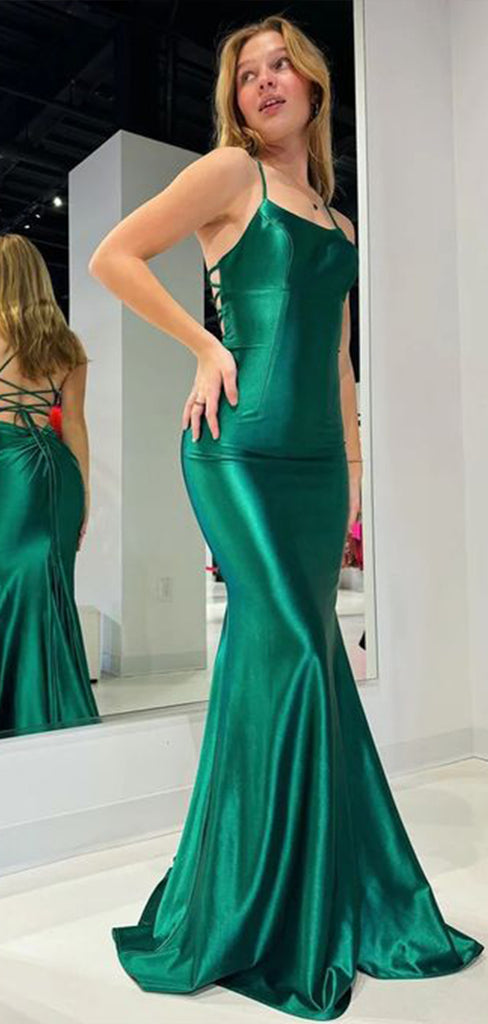 Sexy Green Mermaid Spaghetti Straps Sleeveless Lace Up Maxi Long Party Prom Dresses, Evening Gowns, FM312