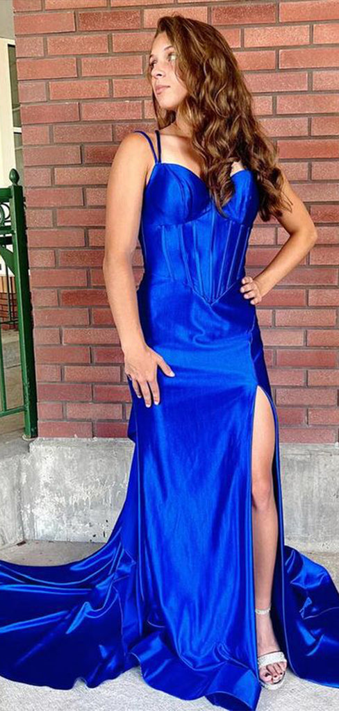 Sexy Royal Blue Mermaid Spaghetti Straps Sweetheart Sleeveless Side Slit Maxi Long Party Prom Dresses, Evening Gowns, FM313