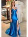 Sexy Blue Mermaid Spaghetti Straps V Neck Sleeveless Side Slit Maxi Long Party Prom Dresses, Evening Gowns, FM314