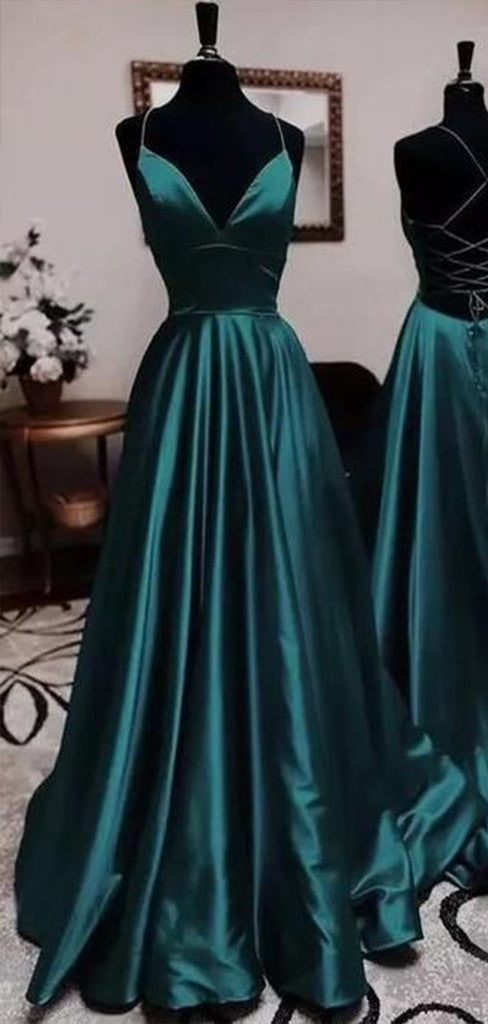 Sexy Dark Green Spaghetti Straps V Neck Sleeveless Lace Up Maxi Long Party Prom Dresses, Evening Gowns, FM315