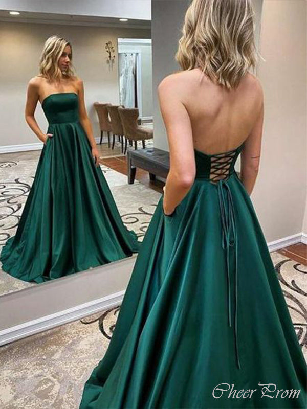 Sexy Green Strapless Sleeveless Lace Up Maxi Long Party Prom Dresses, Evening Gowns, FM316