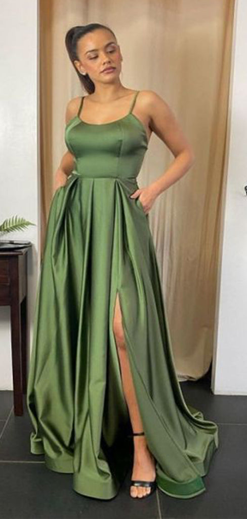 Unique Green Spaghetti Straps Sleeveless Side Slit Lace Up Maxi Long Party Prom Dresses, Evening Gowns, FM318