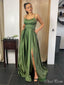 Unique Green Spaghetti Straps Sleeveless Side Slit Lace Up Maxi Long Party Prom Dresses, Evening Gowns, FM318