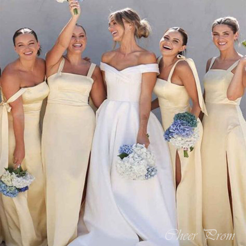 Simple Yellow A-line Square Side Slit Dresses for Maid of Honor, Bridesmaid Dresses, CP364