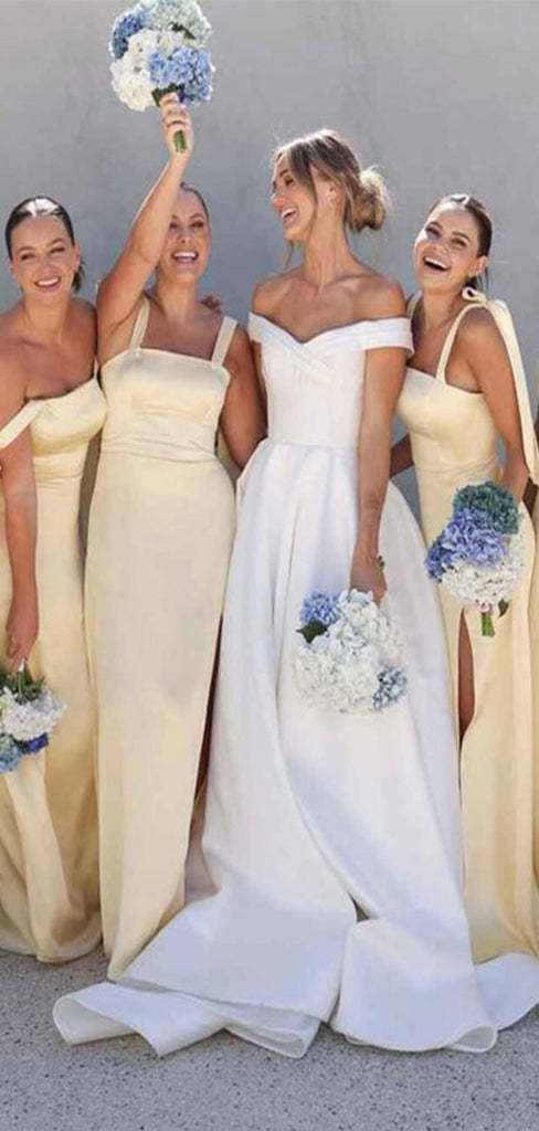 Simple Yellow A-line Square Side Slit Dresses for Maid of Honor, Bridesmaid Dresses, CP364