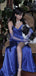 Unique Blue A-Line V-Neck Side Slit Popular Maxi Long Evening Gowns, Formal, Birthday Party, FM444