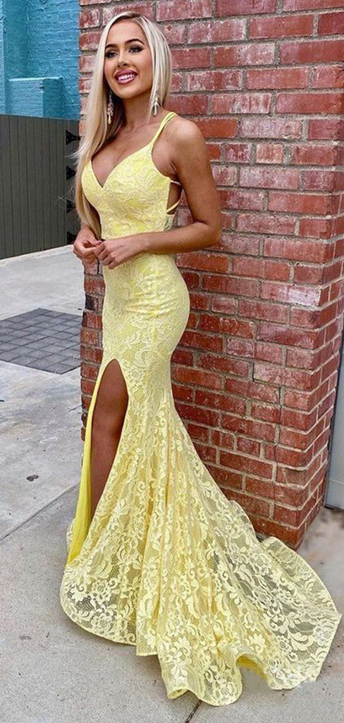 Sexy Yellow Spaghetti Straps V Neck Sleeveless Lace Maxi Long Party Prom Dresses, Evening Gowns, FM320