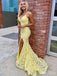 Sexy Yellow Spaghetti Straps V Neck Sleeveless Lace Maxi Long Party Prom Dresses, Evening Gowns, FM320