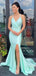 Gorgeous Mint Green Spaghetti Straps V Neck Sleeveless Side Slit Maxi Long Party Prom Dresses, Evening Gowns, FM322