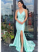 Gorgeous Mint Green Spaghetti Straps V Neck Sleeveless Side Slit Maxi Long Party Prom Dresses, Evening Gowns, FM322