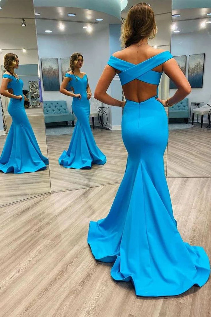 Elegant Blue Off Shoulder V Neck Sleeveless Maxi Long Party Prom Dresses, Evening Gowns, FM323