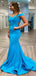 Elegant Blue Off Shoulder V Neck Sleeveless Maxi Long Party Prom Dresses, Evening Gowns, FM323