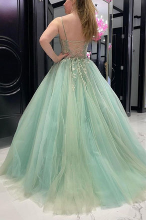 Gorgeous Mint Green Spaghetti Straps Sweetheart Sleeveless Applique Maxi Long Party Prom Dresses, Evening Gowns, FM344