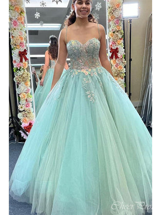 Gorgeous Mint Green Spaghetti Straps Sweetheart Sleeveless Applique Maxi Long Party Prom Dresses, Evening Gowns, FM344