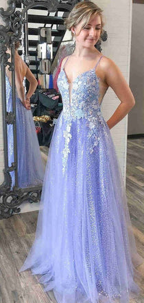 Gorgeous Lavender Spaghetti Straps V Neck Sleeveless Applique Maxi Long Party Prom Dresses, Evening Gowns, FM343