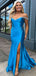 Elegant Blue Off Shoulder Sleeveless Side Slit Beads Maxi Long Party Prom Dresses, Evening Gowns, FM325