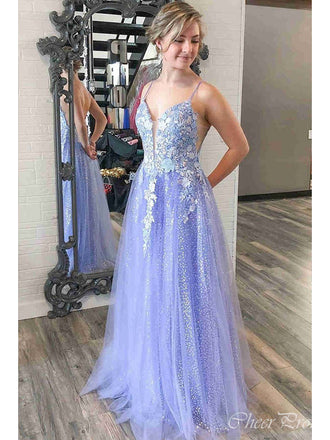 Gorgeous Lavender Spaghetti Straps V Neck Sleeveless Applique Maxi Long Party Prom Dresses, Evening Gowns, FM343