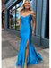 Elegant Blue Off Shoulder Sleeveless Side Slit Beads Maxi Long Party Prom Dresses, Evening Gowns, FM325