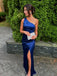 Elegant Blue Mermaid One-Shoulder Side Slit Popular Maxi Long Evening Gowns, Formal, Birthday Party, FM443