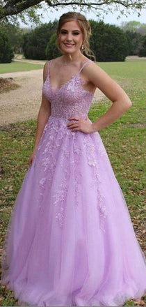 Elegant Purple Spaghetti Straps V Neck Sleeveless Applique Maxi Long Party Prom Dresses, Evening Gowns, FM345