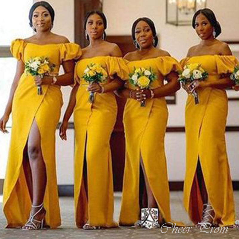 Elegant Yellow Mermaid Side Slit Dresses for Maid of Honor, Bridesmaid Dresses, CP361