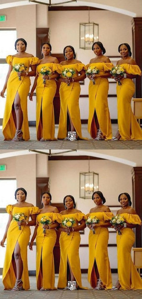 Elegant Yellow Mermaid Side Slit Dresses for Maid of Honor, Bridesmaid Dresses, CP361