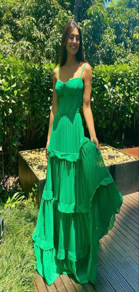 Elegant Emerald Green A-Line Sweetheart Spaghetti Straps Ruffle Maxi Long Party Prom Gowns,Wedding Guest Dresses,FM35