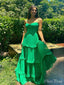 Elegant Emerald Green A-Line Sweetheart Spaghetti Straps Ruffle Maxi Long Party Prom Gowns,Wedding Guest Dresses,FM35