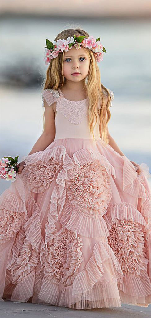 Lovely Pink Ball Gown Scoop Sleeveless Applique Cheap Flower Girl Dresses, Princess Dresses CPF92