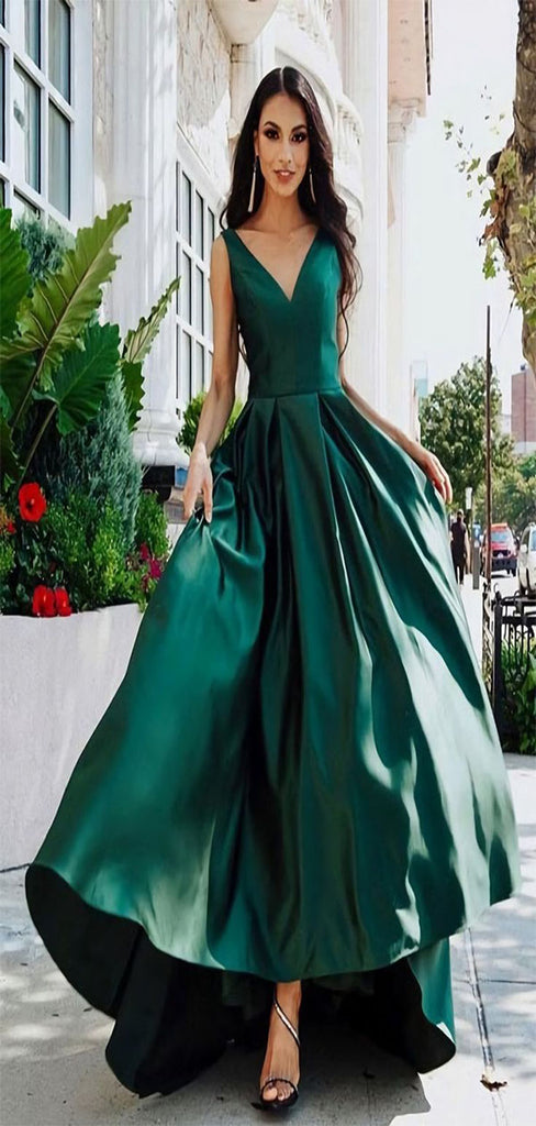 Gorgeous Emerald Green A-Line V Neck With Trailing Maxi Long Party Prom Gowns,Evening Dresses,FM36