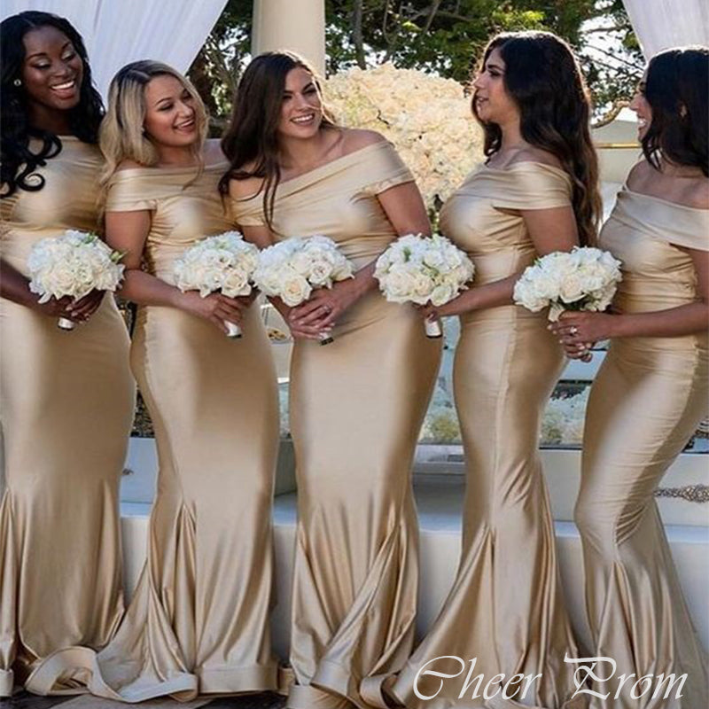 Elegant Golden Mermaid Off-Shoulder Sleeveless Dresses for Maid of Honor, Bridesmaid Dresses, CP374