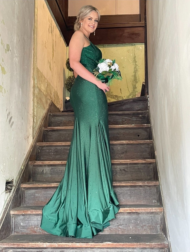 Gorgeous Emerald Green Mermaid Scoop Spaghetti Straps With Trailing Sequin Maxi Long Party Prom Gowns,Evening Dresses,FM37