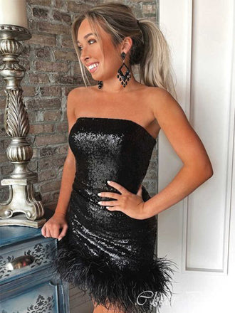 Sexy Black Sequins Mermaid Strapless Popular Short Homecoming Prom Dress, CPH256
